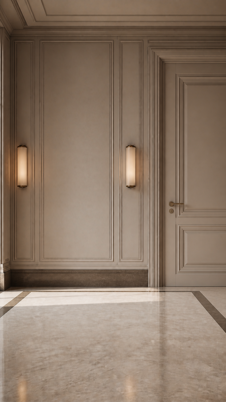 A private butler waiting beside a closed interior door